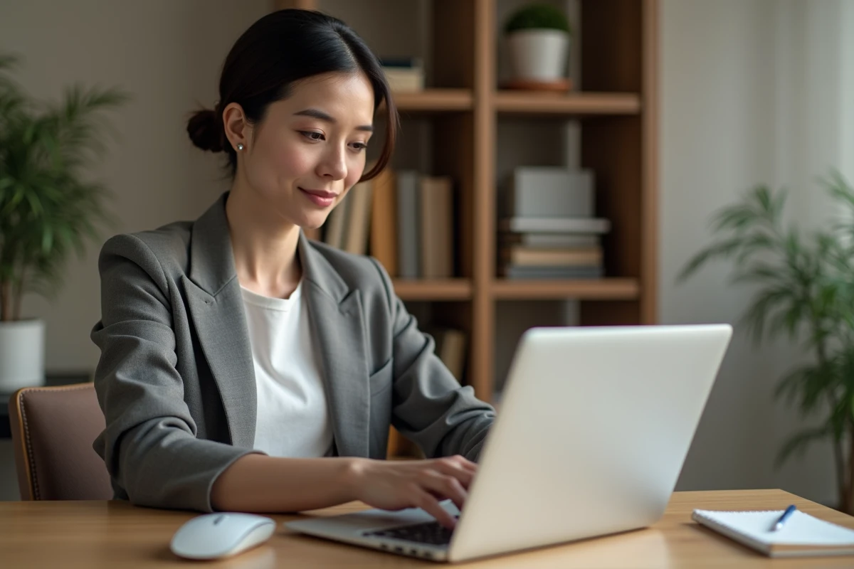 Femme indépendante payant ses cotisations en ligne sur le site de l'URSSAF depuis son bureau à domicile