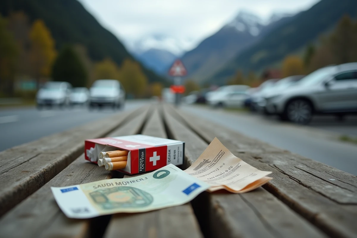 Gros plan d'un paquet de cigarettes suisses posé avec des billets en euros et un taux de change près d'un poste frontière franco-suisse