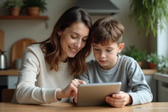 Mère et fils adolescent consultant ensemble un compte bancaire jeune sur tablette dans une cuisine familiale