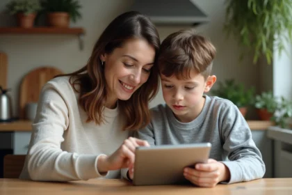 Mère et fils adolescent consultant ensemble un compte bancaire jeune sur tablette dans une cuisine familiale