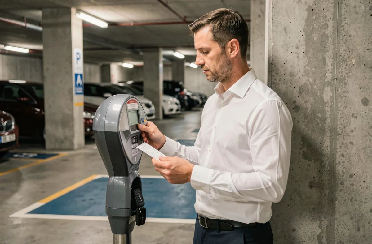 Homme d'affaires examinant un reçu de parking souterrain lors d'un trajet professionnel en ville