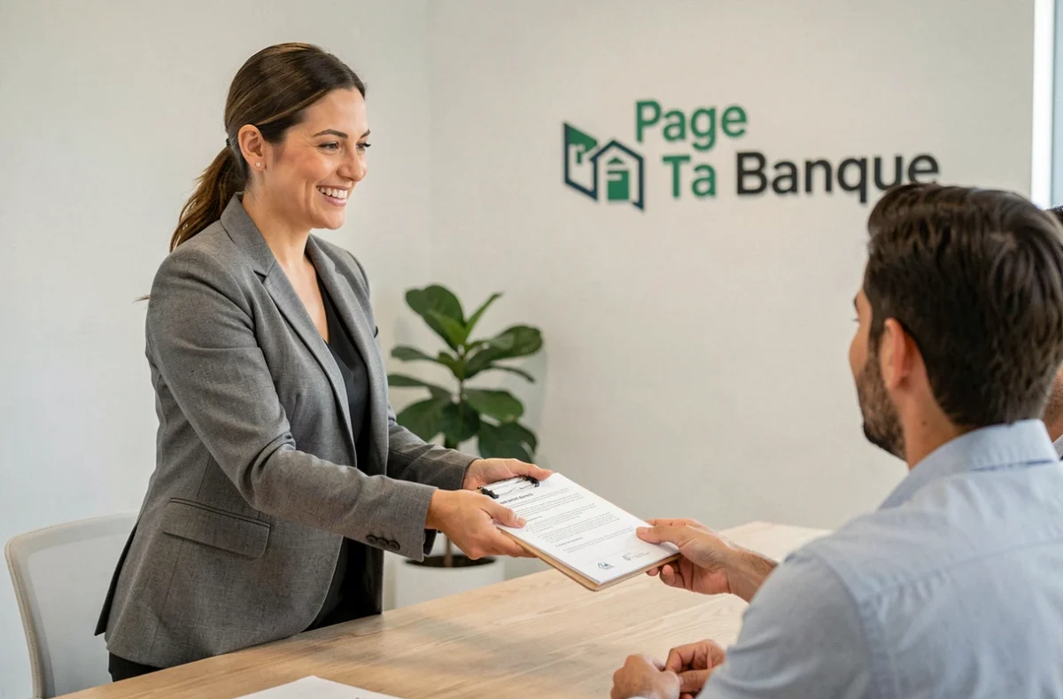 Une conseillère de Partage Ta Banque remet un dossier de prêt immobilier à des clients dans un bureau épuré