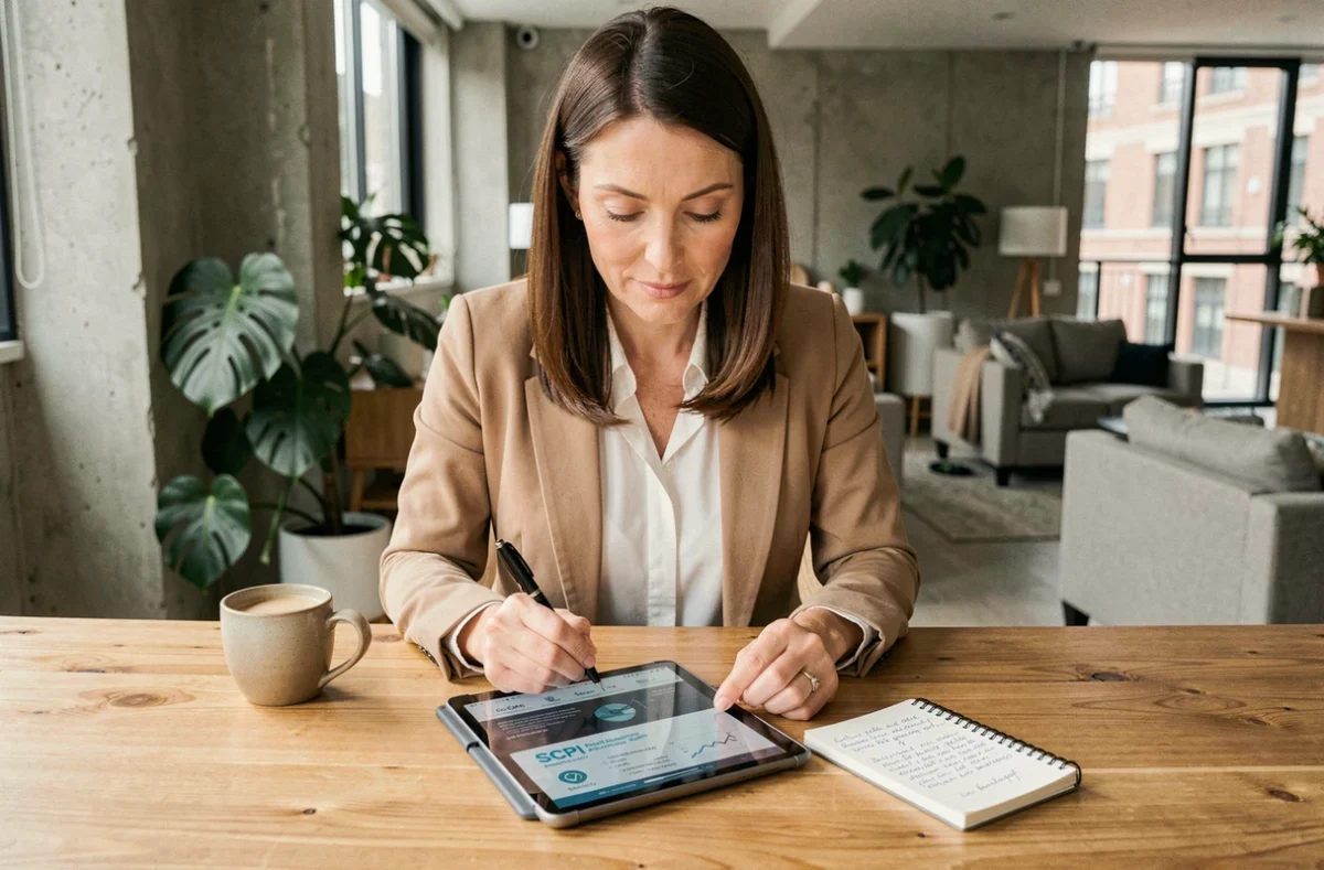 Femme étudiante le rendement et les dividendes de sa SCPI depuis son appartement avec tablette et notes manuscrites