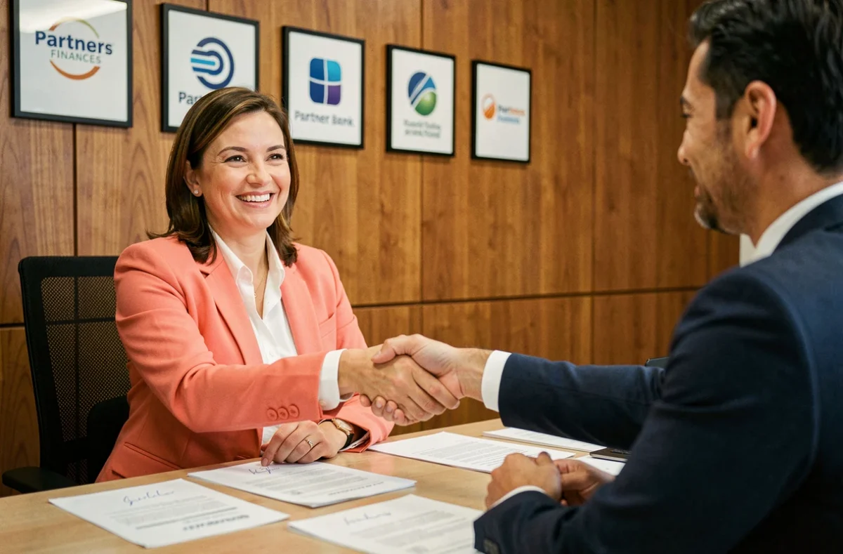 Une conseillère Partners Finances en Charente-Maritime finalise un accord de prêt immobilier avec un client satisfait dans l'agence