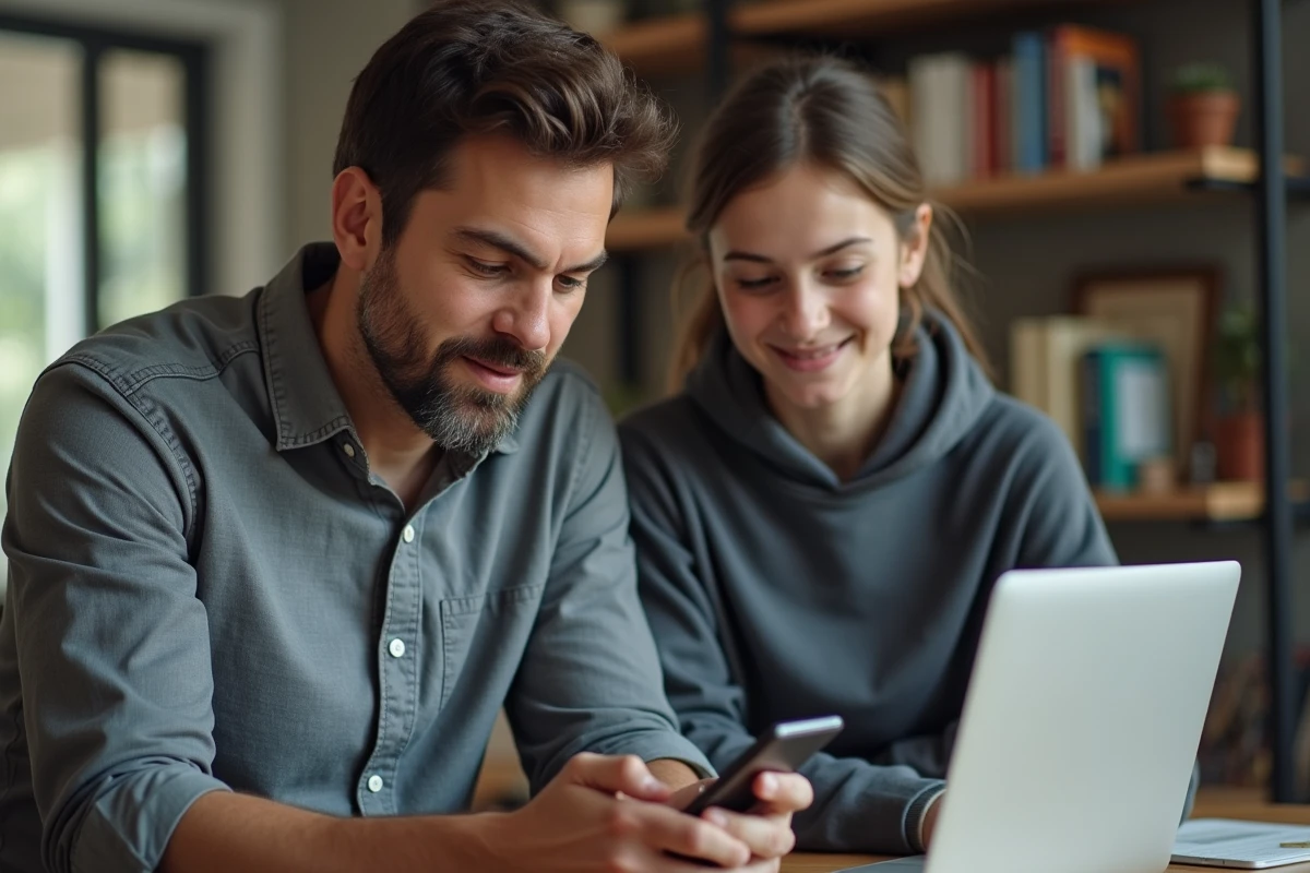 Père et fille adolescente consultant l'application bancaire m cmb fr mon compte sur smartphone au bureau