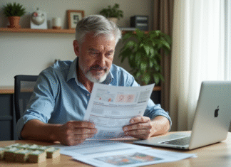 Personne confiante analysant des documents financiers et des brochures d'épargne