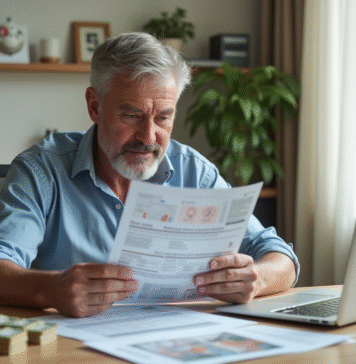 Personne confiante analysant des documents financiers et des brochures d'épargne