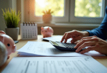 Personne vérifiant des documents avec calculatrice dans un bureau lumineux