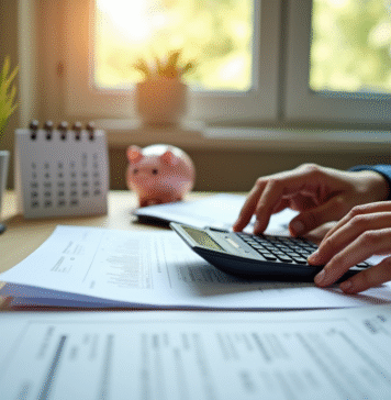 Personne vérifiant des documents avec calculatrice dans un bureau lumineux