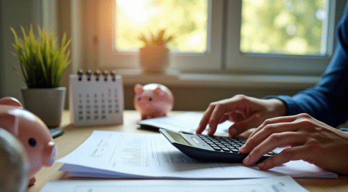 Personne vérifiant des documents avec calculatrice dans un bureau lumineux