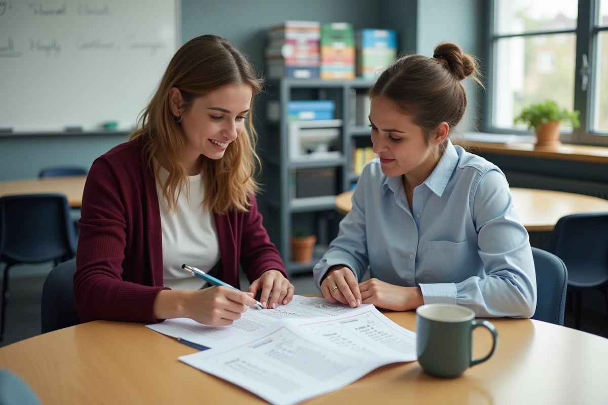 Deux membres du personnel scolaire discutant du calendrier de paie 2026 de l'éducation nationale