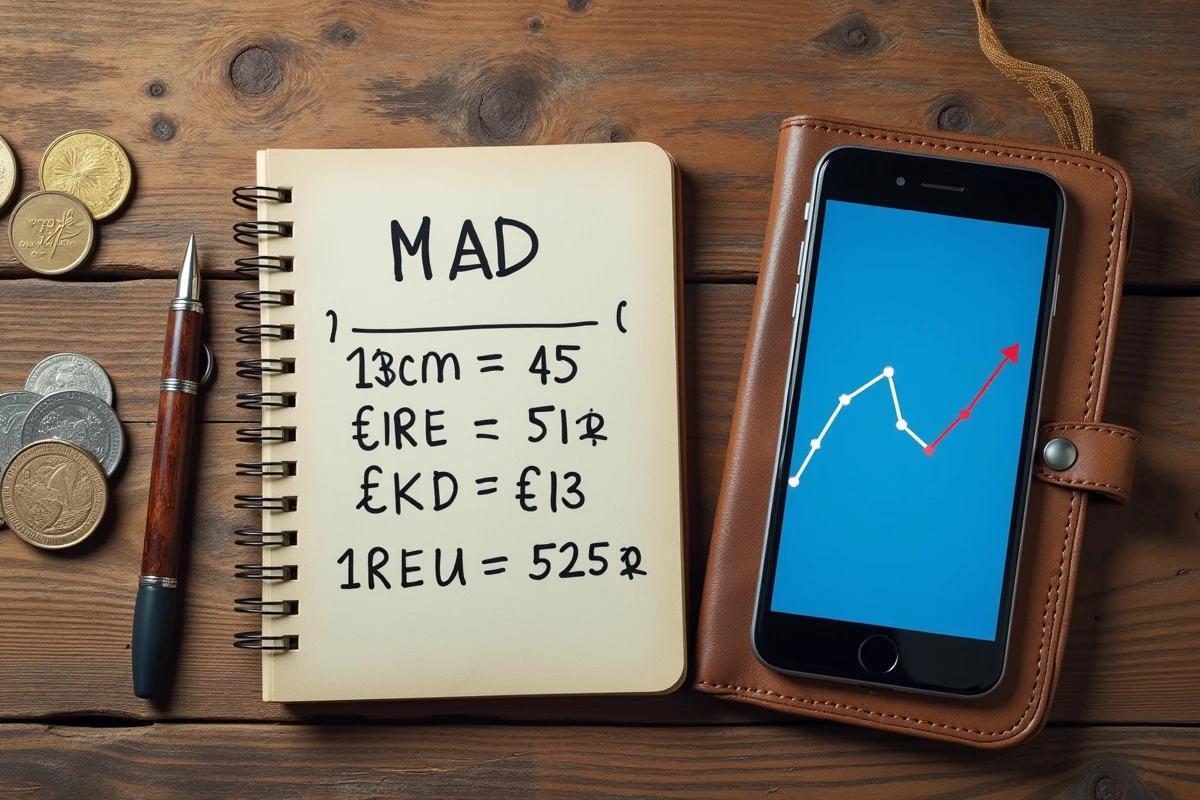 Vue de dessus de pièces en dirhams et en euros avec un carnet de calculs de conversion de devises sur une surface en bois
