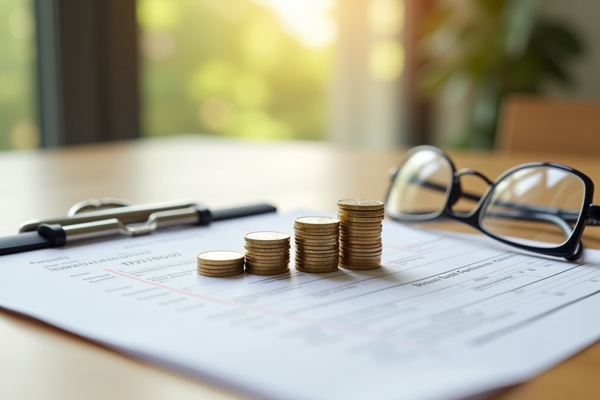 Pièces empilées avec formulaire de pension et lunettes sur une table en bois
