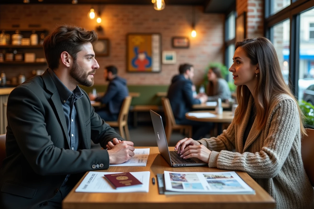Deux personnes planifiant un voyage en consultant un site de paiement sécurisé dans un café avec passeport et brochures de voyage