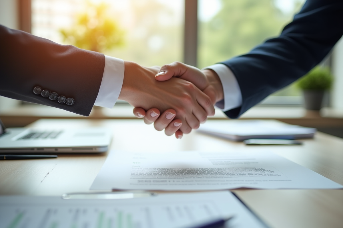 Deux mains se serrant sur un contrat de remission de dettes