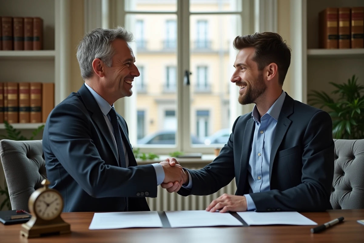Notaire et client concluant un accord de confiance avec une poignée de main après la signature d'un acte patrimonial
