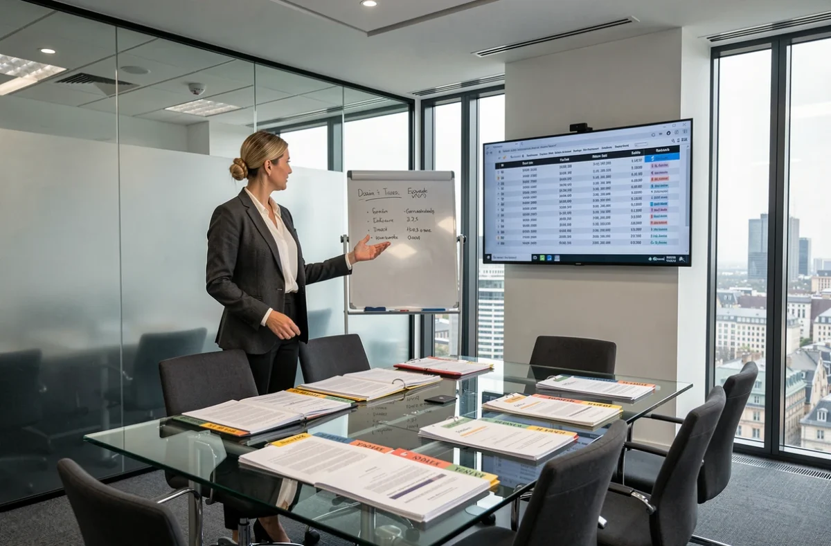 Femme d'affaires présentant des données de contrôle fiscal TVS devant un écran en salle de réunion d'entreprise