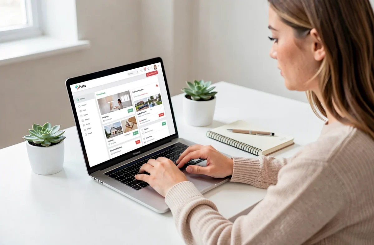 Une utilisatrice de la plateforme digitale Pretto simule un prêt immobilier en ligne depuis son bureau à domicile