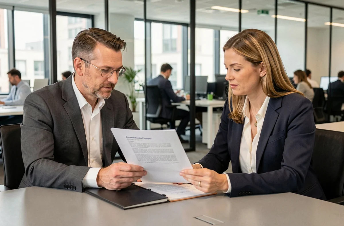 Deux professionnels de PricewaterhouseCoopers Paris discutant d'un document de stratégie financière dans une salle de réunion vitrée