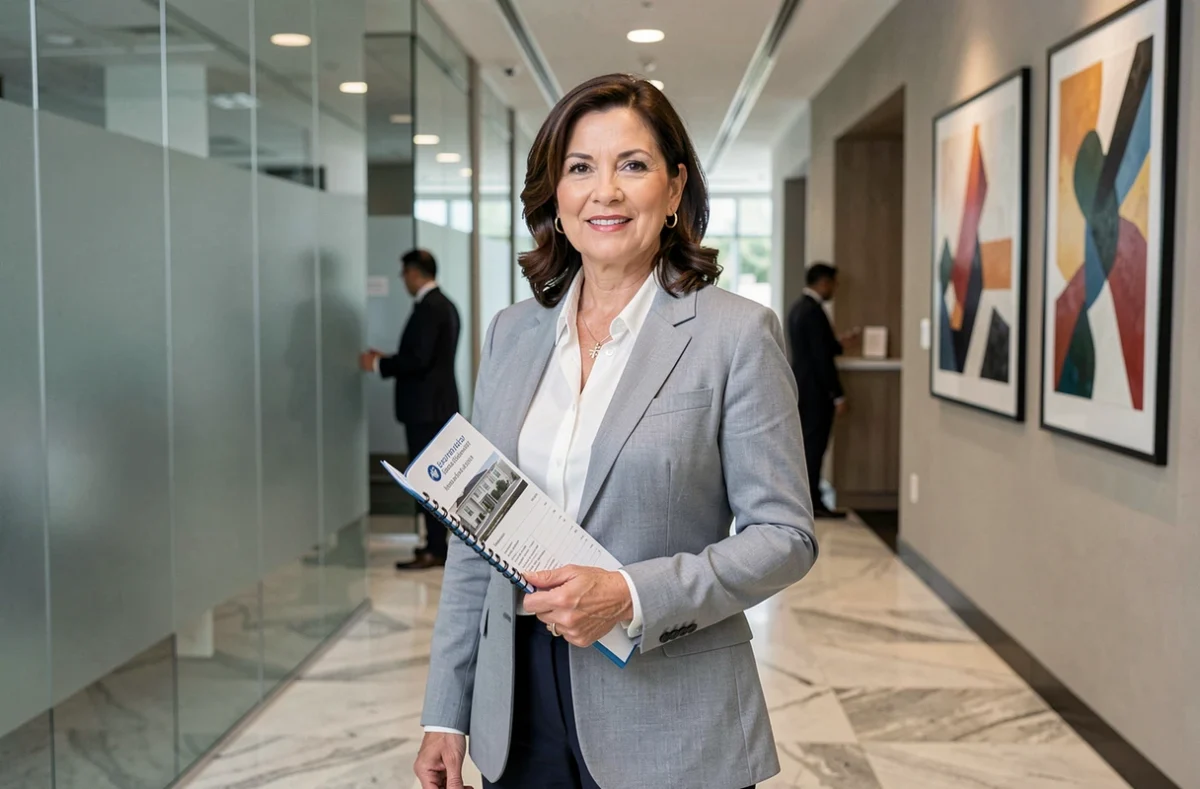 Professionnelle de l'investissement immobilier en SCPI dans un hall d'entreprise moderne