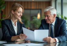 Transférer des titres : les étapes essentielles pour le faire correctement Femme et homme d'affaires échangent des documents dans un bureau moderne