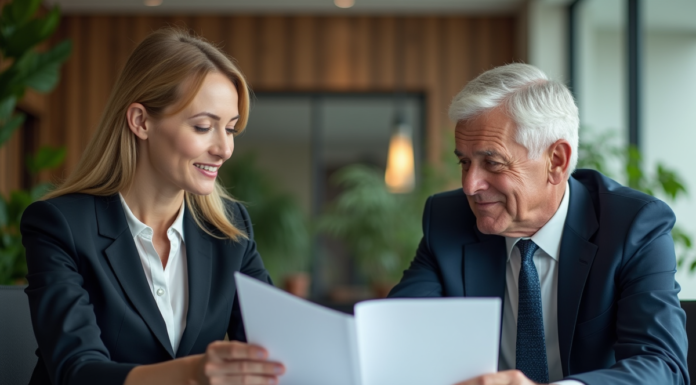 Femme et homme d'affaires échangent des documents dans un bureau moderne