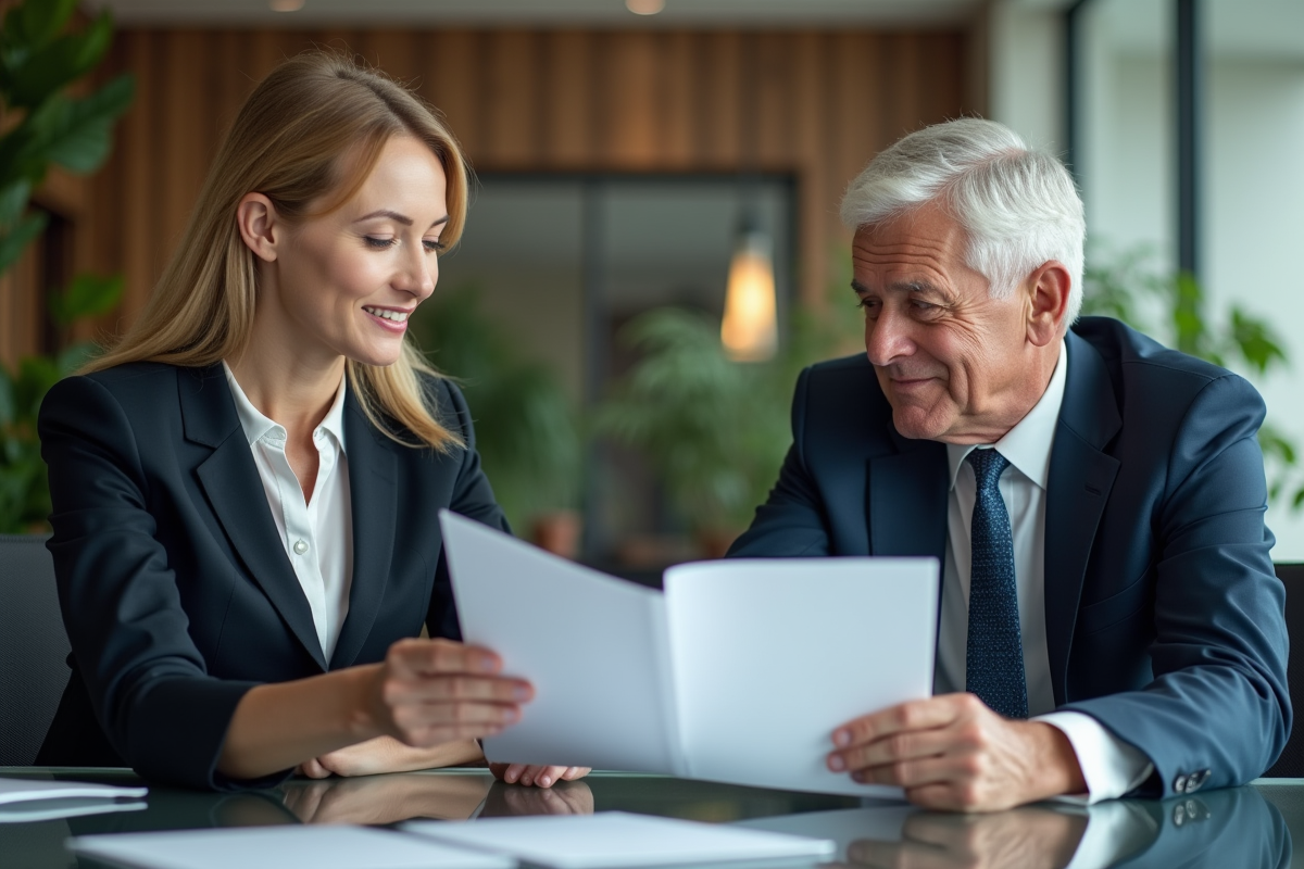 Femme et homme d'affaires échangent des documents dans un bureau moderne