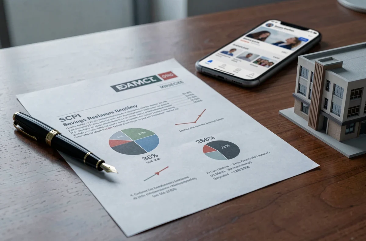 Rapport SCPI avec graphiques financiers posé sur un bureau en bois avec stylo et maquette immobilière