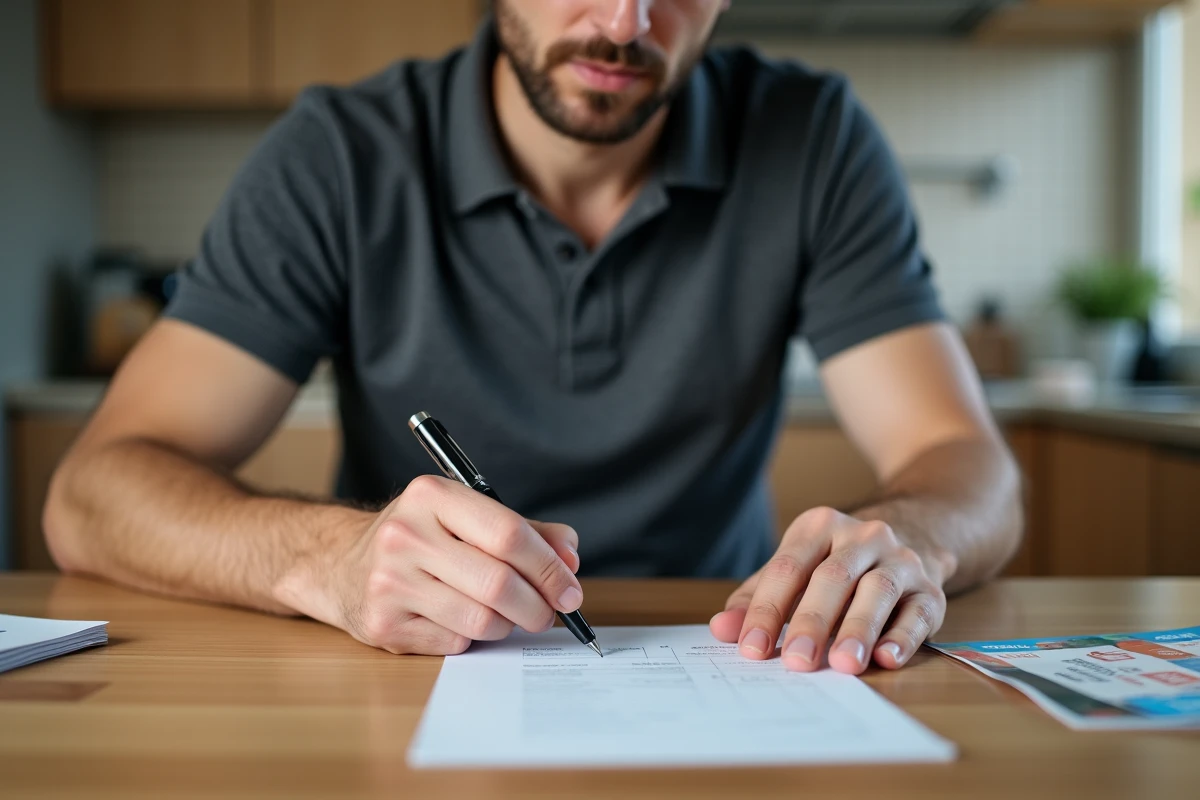 Homme remplissant un chèque différé Leclerc à la maison pour préparer la rentrée 2026