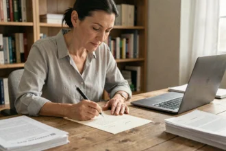 Femme rédigeant une lettre de résiliation d'assurance à son bureau à domicile