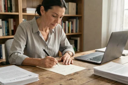 Femme rédigeant une lettre de résiliation d'assurance à son bureau à domicile