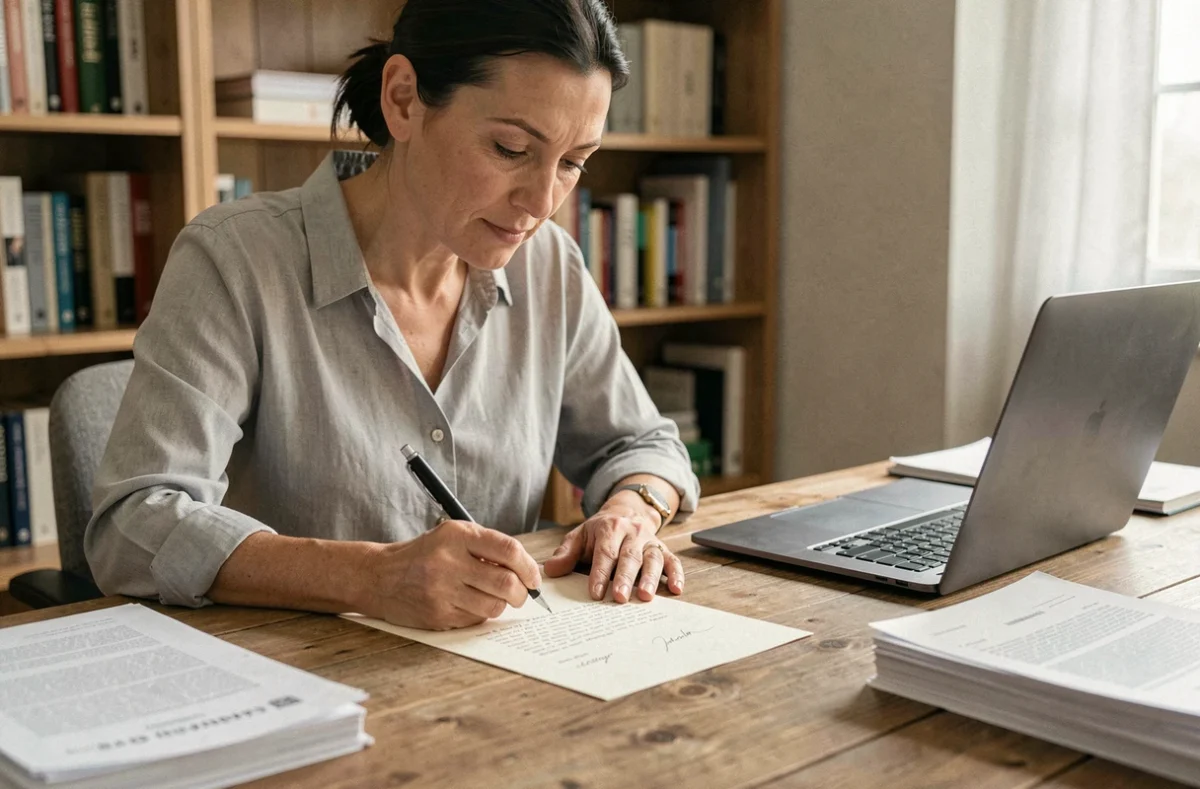 Femme rédigeant une lettre de résiliation d'assurance à son bureau à domicile