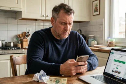 Homme frustré regardant son smartphone face à un refus de paiement de facture Free Mobile