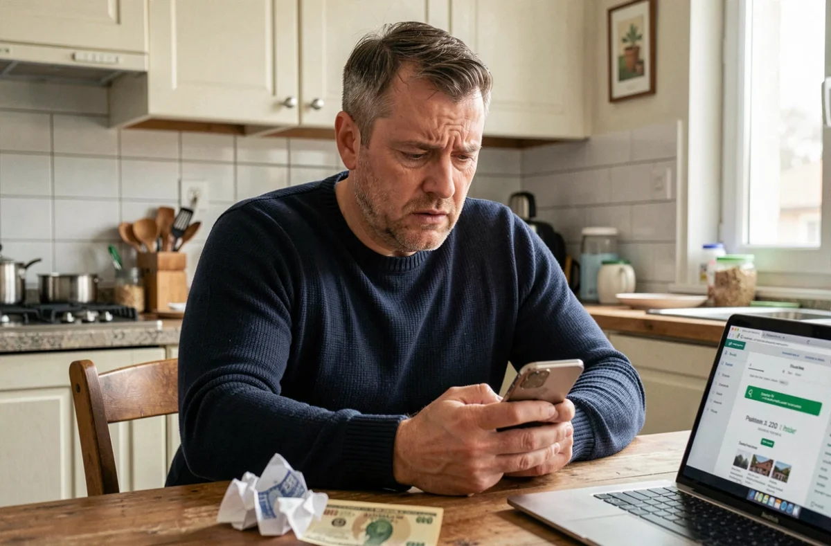 Homme frustré regardant son smartphone face à un refus de paiement de facture Free Mobile