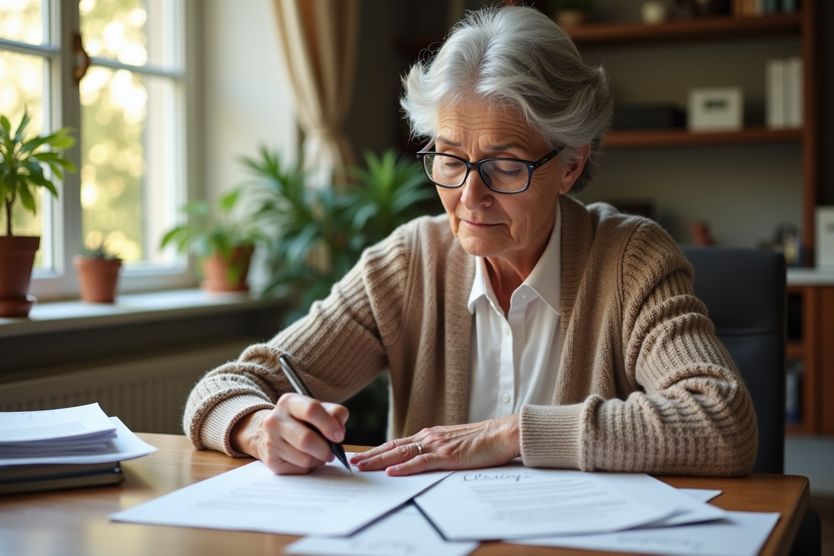 Femme âgée relisant un contrat dans un bureau lumineux