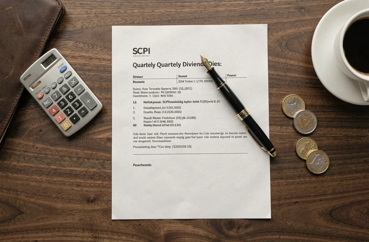Vue aérienne d'un relevé de dividendes SCPI avec calculatrice, pièces en euros et stylo plume sur un bureau en bois