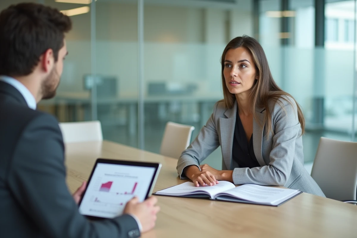 Entrepreneuse en réunion avec un conseiller fiscal pour décider du passage à la TVA depuis le régime de franchise 293B