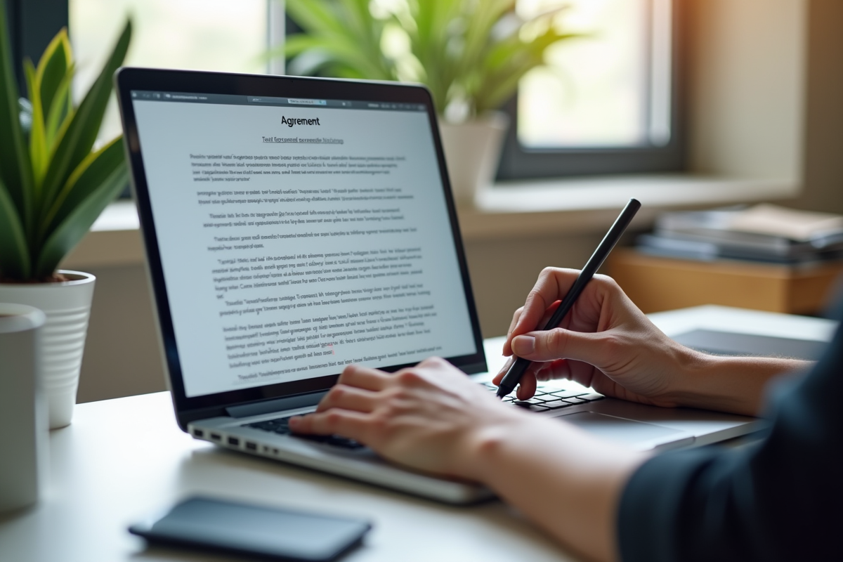 Main signant un contrat de prêt sur ordinateur portable