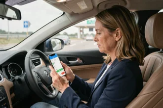 Professionnelle en voiture consultant un simulateur de frais kilométriques sur smartphone près d'un péage autoroutier