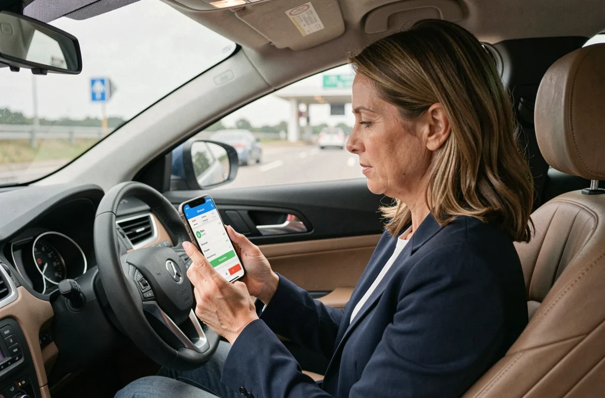 Professionnelle en voiture consultant un simulateur de frais kilométriques sur smartphone près d'un péage autoroutier
