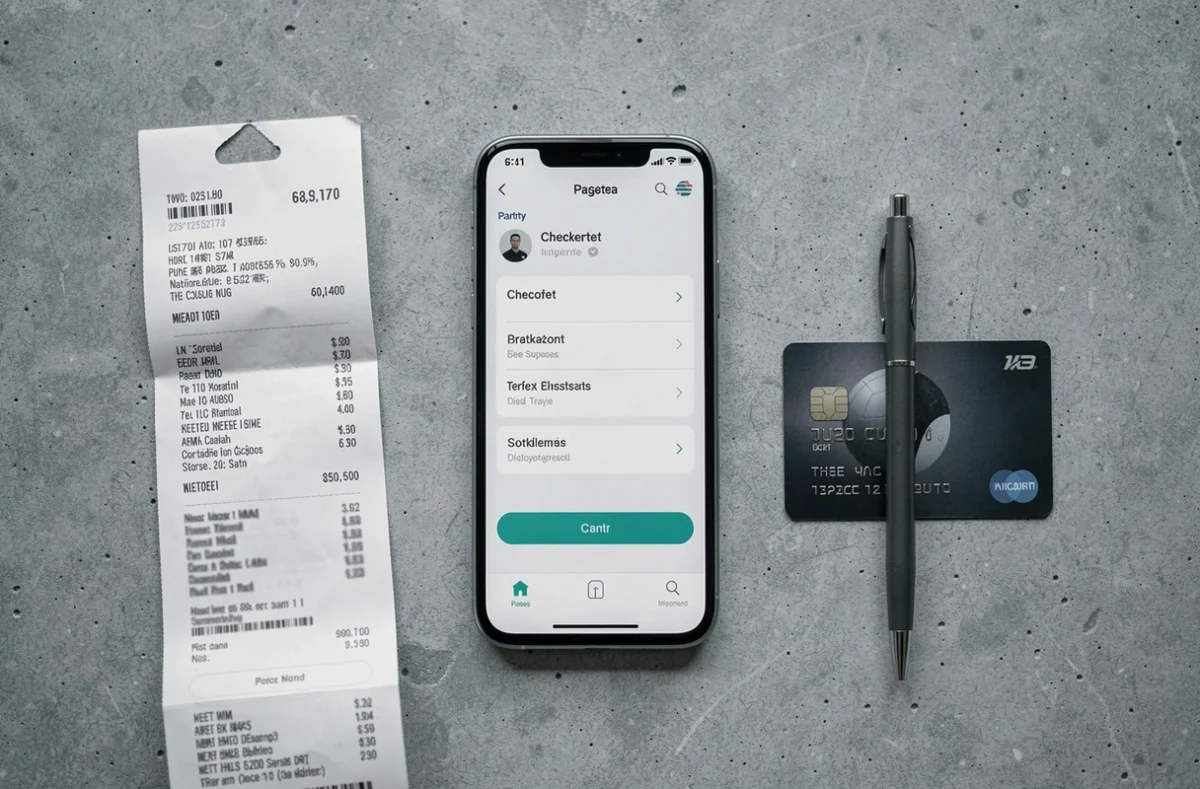 Vue de dessus d'un smartphone affichant des options de paiement en plusieurs fois, accompagné d'un ticket de caisse et d'une carte bancaire sur un bureau en béton