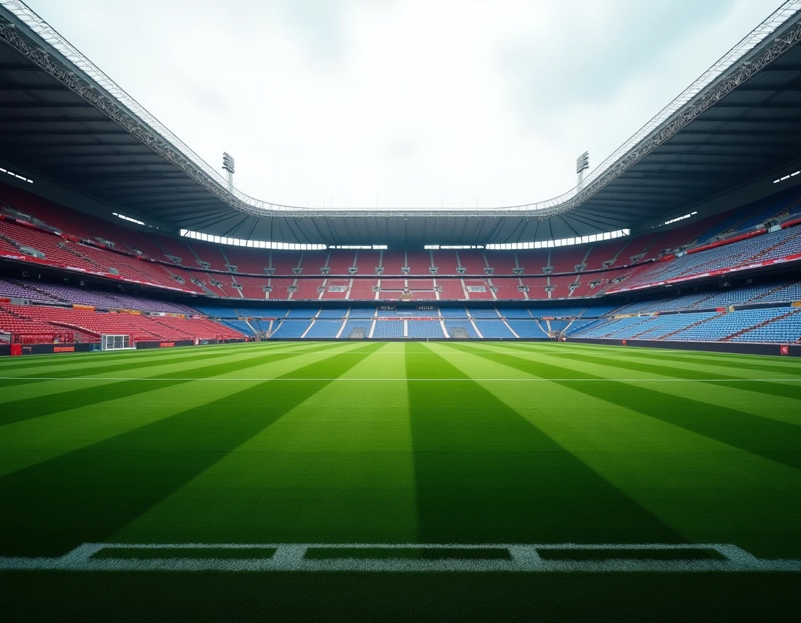 Vue grand angle d'un stade de football vide aux couleurs rouge et bleu, évoquant les enjeux financiers et l'avenir incertain d'un club comme le PSG