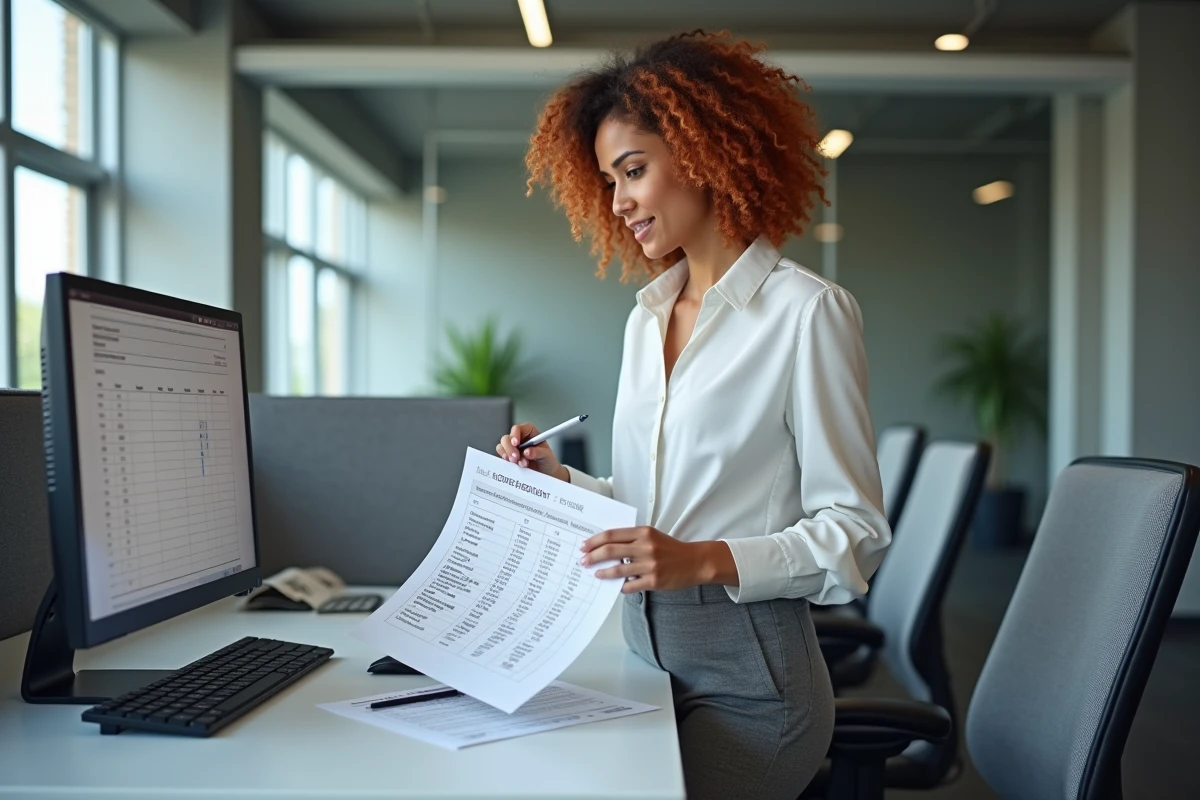 Femme en bureau annoter un tableau de calcul salaire brut en net avec cotisations sociales visibles