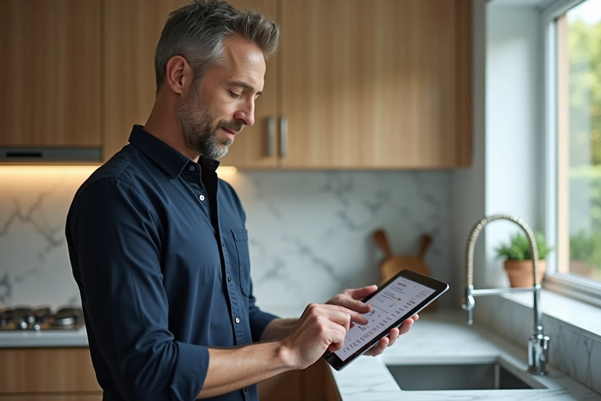 Homme téléchargeant et consultant un relevé de compte bancaire en ligne sur une tablette dans une cuisine moderne