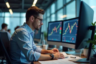 Trader analysant le cours du cuivre en bourse sur des écrans de marché dans un bureau financier moderne