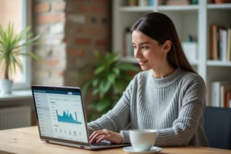 Femme utilisant son espace personnel LCL sur un ordinateur portable depuis son bureau à domicile