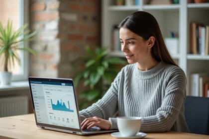 Femme utilisant son espace personnel LCL sur un ordinateur portable depuis son bureau à domicile