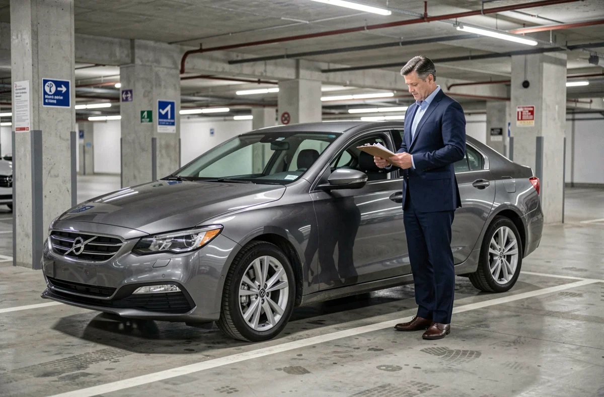 Chef d'entreprise inspectant un véhicule de tourisme d'entreprise dans un parking souterrain, contexte de fiscalité automobile
