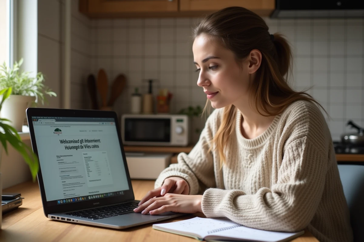 Jeune femme vérifiant son éligibilité aux APL sur un ordinateur portable dans une cuisine d'appartement modeste
