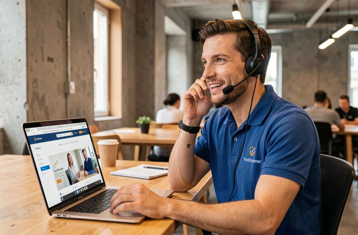 Un conseiller Vousfinancer répond à un client par téléphone devant un ordinateur dans un espace de travail moderne